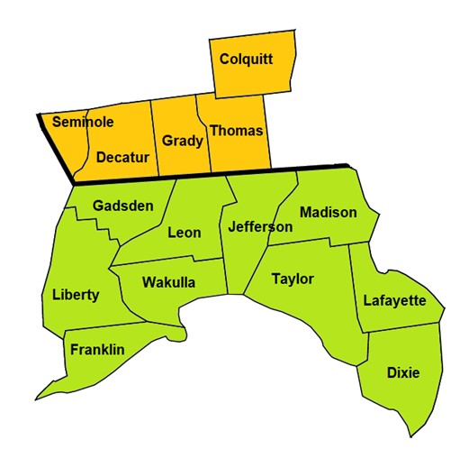 Map of the 15 counties historically part of the Suwannee River Area Council.